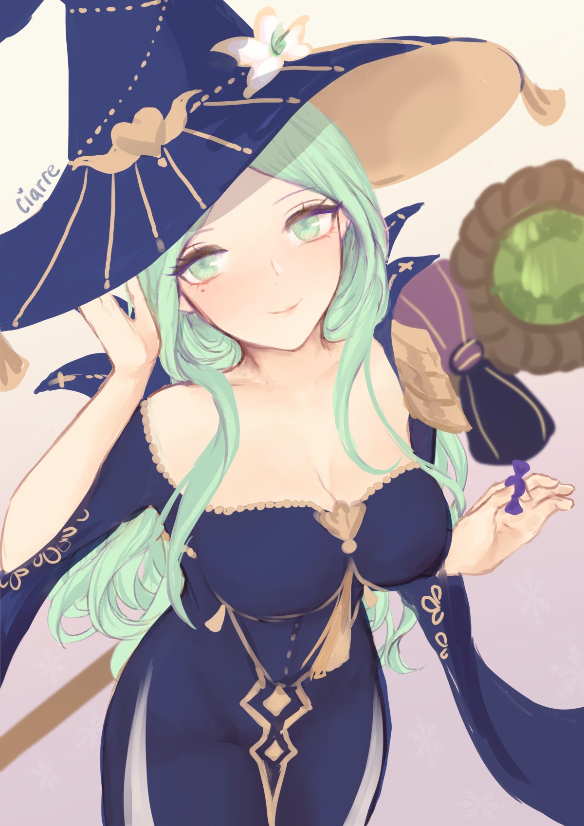 1girl artist_name breasts candy ciarre cute eyelashes female_focus fire_emblem fire_emblem:_three_houses fire_emblem_16 fire_emblem_heroes flower food goddess green_eyes green_hair halloween heart holding holding_food intelligent_systems lips long_hair looking_at_viewer nintendo rhea_(fire_emblem) simple_background solo super_smash_bros. twitter_username wand witch_costume witch_hat