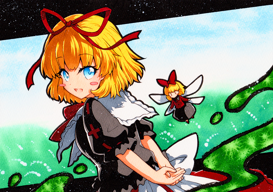 blonde_hair blue_eyes bow bubble_skirt frilled_shirt frilled_sleeves frills medicine_melancholy puffy_short_sleeves puffy_sleeves qqqrinkappp red_bow red_neckwear red_ribbon ribbon shirt short_hair short_sleeves skirt touhou traditional_media wavy_hair