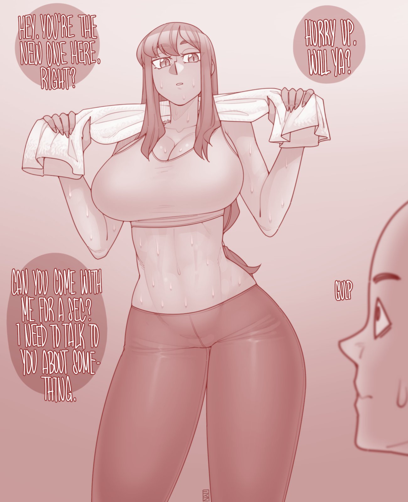 1boy 1girl abs breasts collarbone ekz_(robotekz) english_text eyebrows_visible_through_hair highres large_breasts long_hair open_mouth pants sound_effects sports_bra sportswear sweat tan towel towel_around_neck yoga_pants