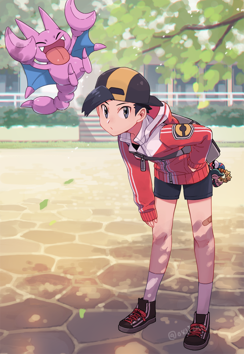 1boy alternate_costume backwards_hat baseball_cap bent_over black_footwear black_hair black_shorts closed_mouth commentary_request day ethan_(pokemon) gligar grey_bag grey_eyes hand_in_pocket hat jacket leaves_in_wind long_sleeves looking_at_viewer male_focus outdoors pokemon pokemon_(creature) pokemon_(game) pokemon_hgss shoes short_hair shorts sleeves_past_wrists socks standing tree white_legwear xichii zipper zipper_pull_tab