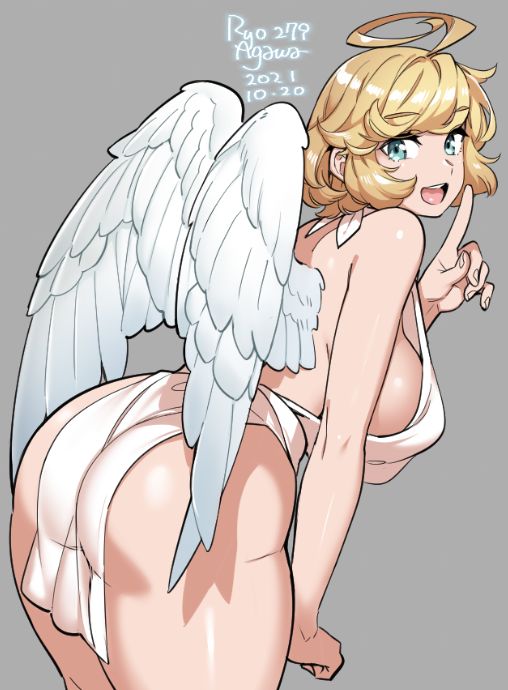 1girl agawa_ryou angel_wings ass back bangs bare_shoulders blonde_hair blue_eyes breasts clenched_hand dress eyebrows_visible_through_hair grey_background halo halterneck index_finger_raised large_breasts leaning_forward open_mouth original pelvic_curtain revealing_clothes sideboob thick_thighs thighs white_dress wings