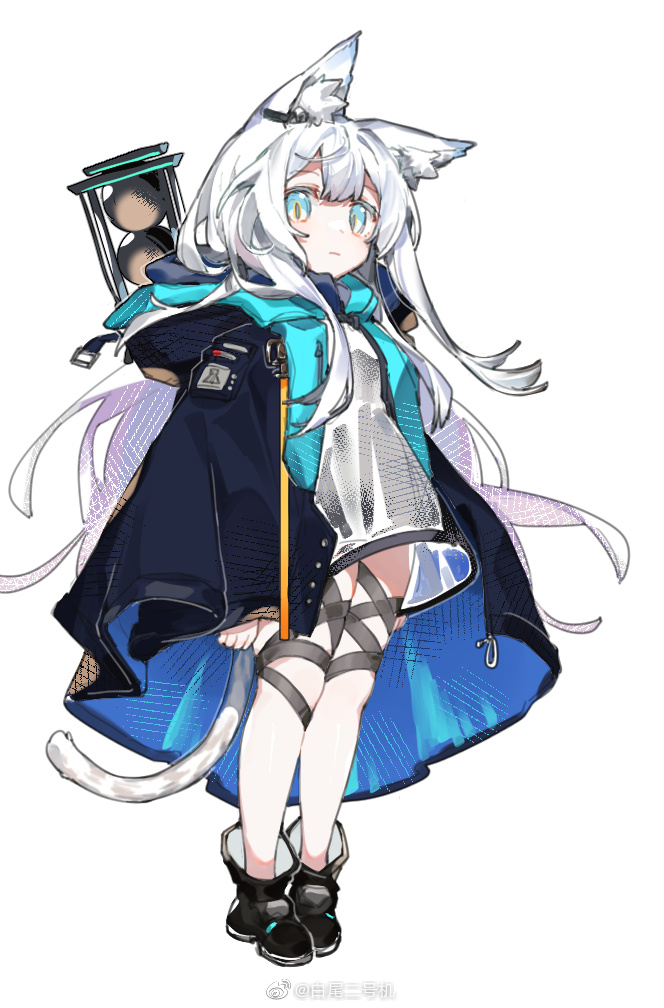 1girl animal_ear_fluff animal_ears arknights backpack bag baiwei_er_hao_ji black_footwear blue_eyes blue_jacket boots cat_ears cat_girl cat_tail chinese_commentary commentary dress earpiece full_body grey_hair hood hood_down hooded_jacket jacket jacket_on_shoulders looking_at_viewer open_clothes open_jacket rosmontis_(arknights) sidelocks simple_background solo standing tachi-e tail thigh_strap weibo_username white_background white_dress