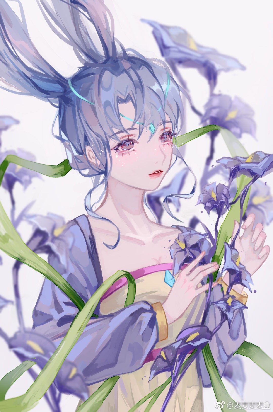 1girl blurry chinese_clothes flower hair_between_eyes hair_ornament hanfu highres hongmao_and_lantu lantu long_sleeves looking_to_the_side mailajihe original purple_flower purple_theme sidelocks solo violet_eyes white_background