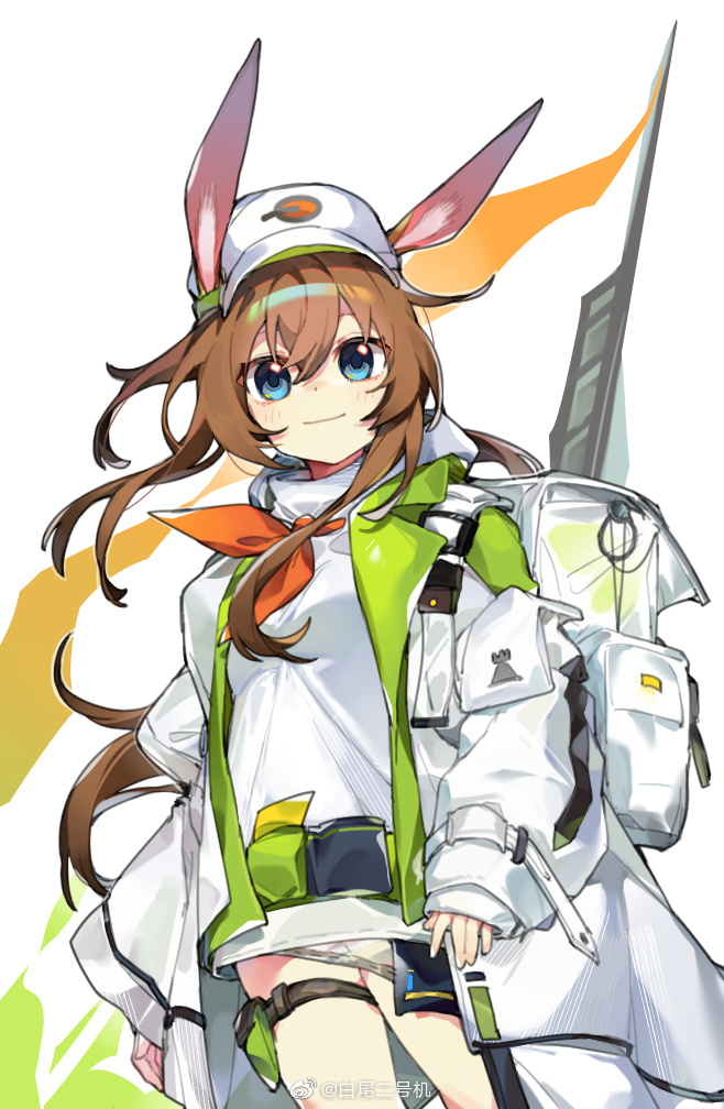 1girl amiya_(arknights) amiya_(seeder)_(arknights) animal_ears arknights backpack bag baiwei_er_hao_ji baseball_cap blue_eyes brown_hair commentary cowboy_shot ears_through_headwear hat jacket light_blush long_hair looking_at_viewer neckerchief official_alternate_costume open_clothes open_jacket orange_hair rabbit_ears shirt simple_background smile solo thigh_strap weibo_username white_background white_headwear white_jacket white_shirt