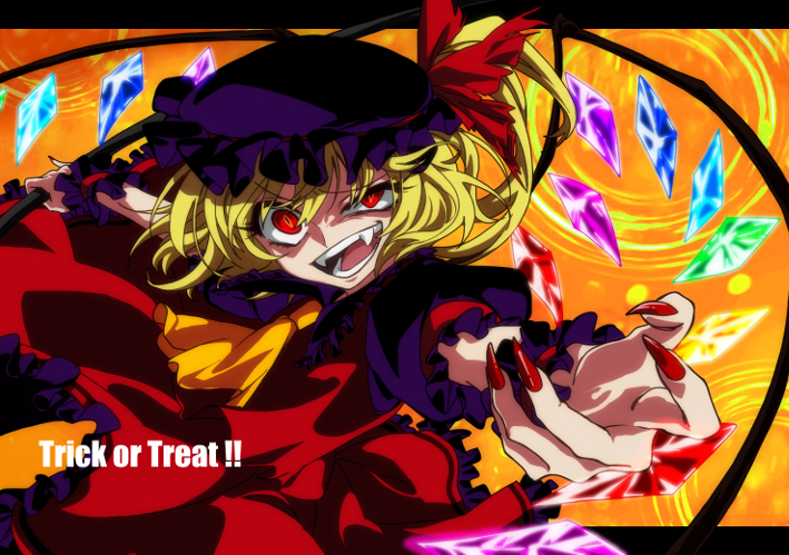 1girl adapted_costume ascot bangs commentary_request crazy_eyes crystal english_text eyebrows_visible_through_hair fangs fingernails flandre_scarlet frilled_shirt_collar frilled_sleeves frills halloween hat hat_ribbon karasaki laevatein_(touhou) lower_teeth mob_cap multicolored multicolored_wings nail_polish open_mouth orange_background puffy_short_sleeves puffy_sleeves red_eyes red_nails red_ribbon ribbon sharp_fingernails sharp_teeth short_hair_with_long_locks short_sleeves side_ponytail slit_pupils solo teeth touhou uneven_eyes upper_body wings wrist_cuffs yellow_eyes yellow_neckwear