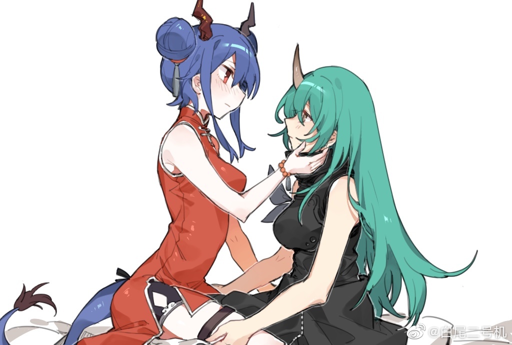 2girls arknights armor baiwei_er_hao_ji bead_bracelet beads black_shirt black_shorts blue_hair bracelet ch'en_(ageless_afterglow)_(arknights) ch'en_(arknights) china_dress chinese_clothes commentary_request double_bun dragon_girl dragon_horns dragon_tail dress eyelashes green_hair hand_on_another's_face horns hoshiguma_(arknights) jewelry long_hair multiple_girls official_alternate_costume oni_horns red_dress red_eyes shirt shorts sidelocks simple_background single_horn sitting sleeveless sleeveless_dress tail thigh_strap weibo_username white_background yellow_eyes yuri