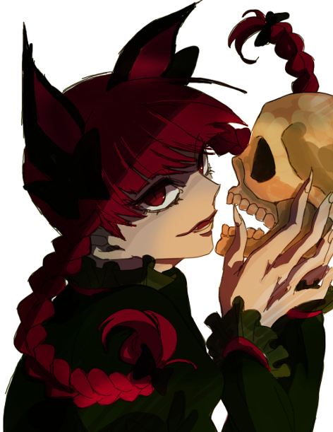 1girl animal_ears bangs black_ribbon blunt_bangs cat_ears cat_tail commentary_request dress expressionless extra_ears fangs fingernails frilled_shirt_collar frilled_sleeves frills green_dress hair_ribbon holding holding_skull kaenbyou_rin karasaki lips long_sleeves looking_at_viewer red_eyes redhead ribbon sharp_fingernails simple_background skull solo tail touhou tress_ribbon two_side_up upper_body white_background