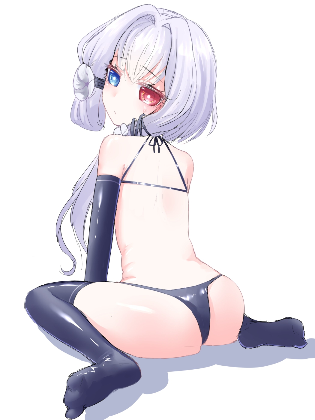 #compass 1girl :/ back black_legwear black_panties blue_eyes bright_pupils coquelicot_blanche expressionless from_behind full_body hair_intakes hair_over_shoulder heterochromia highres long_hair looking_at_viewer looking_back makeoshimi panties red_eyes shiny shiny_clothes simple_background sitting solo thigh-highs underwear wariza white_background white_hair