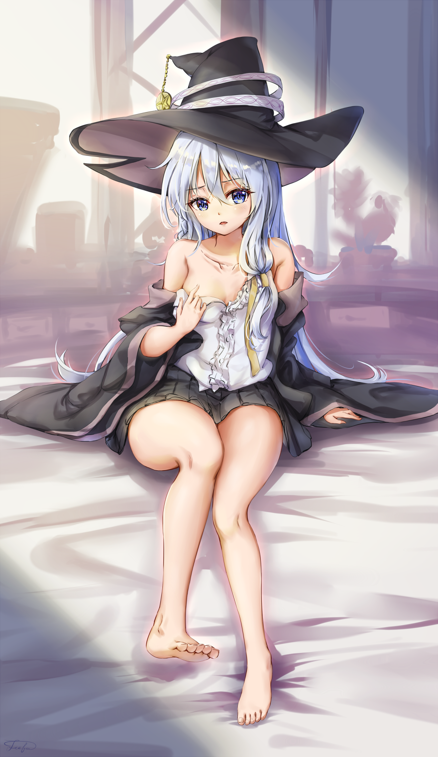 1girl bare_legs bare_shoulders barefoot black_cloak black_skirt blue_eyes blush breasts cloak clothes_pull commentary_request elaina_(majo_no_tabitabi) fii_fii_(feefeeowo) full_body hat highres indoors leg_up legs long_hair looking_at_viewer majo_no_tabitabi miniskirt no_bra off_shoulder parted_lips pleated_skirt pulled_by_self shirt shirt_pull silver_hair sitting skirt sleeveless sleeveless_shirt small_breasts solo thighs very_long_hair white_shirt witch witch_hat