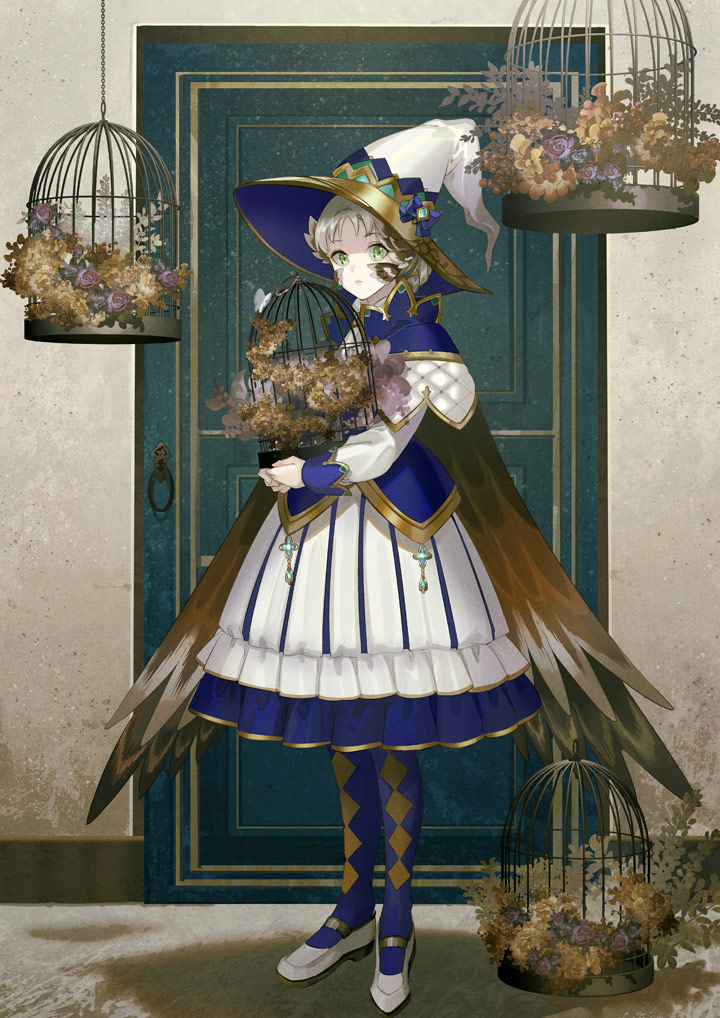 1girl argyle argyle_legwear bangs birdcage blue_legwear brown_wings cage capelet commentary_request door dress eyebrows_visible_through_hair feathered_wings green_eyes grey_hair hat holding looking_at_viewer noki_(affabile) original pantyhose shoes solo white_capelet white_dress white_footwear white_headwear wings witch_hat