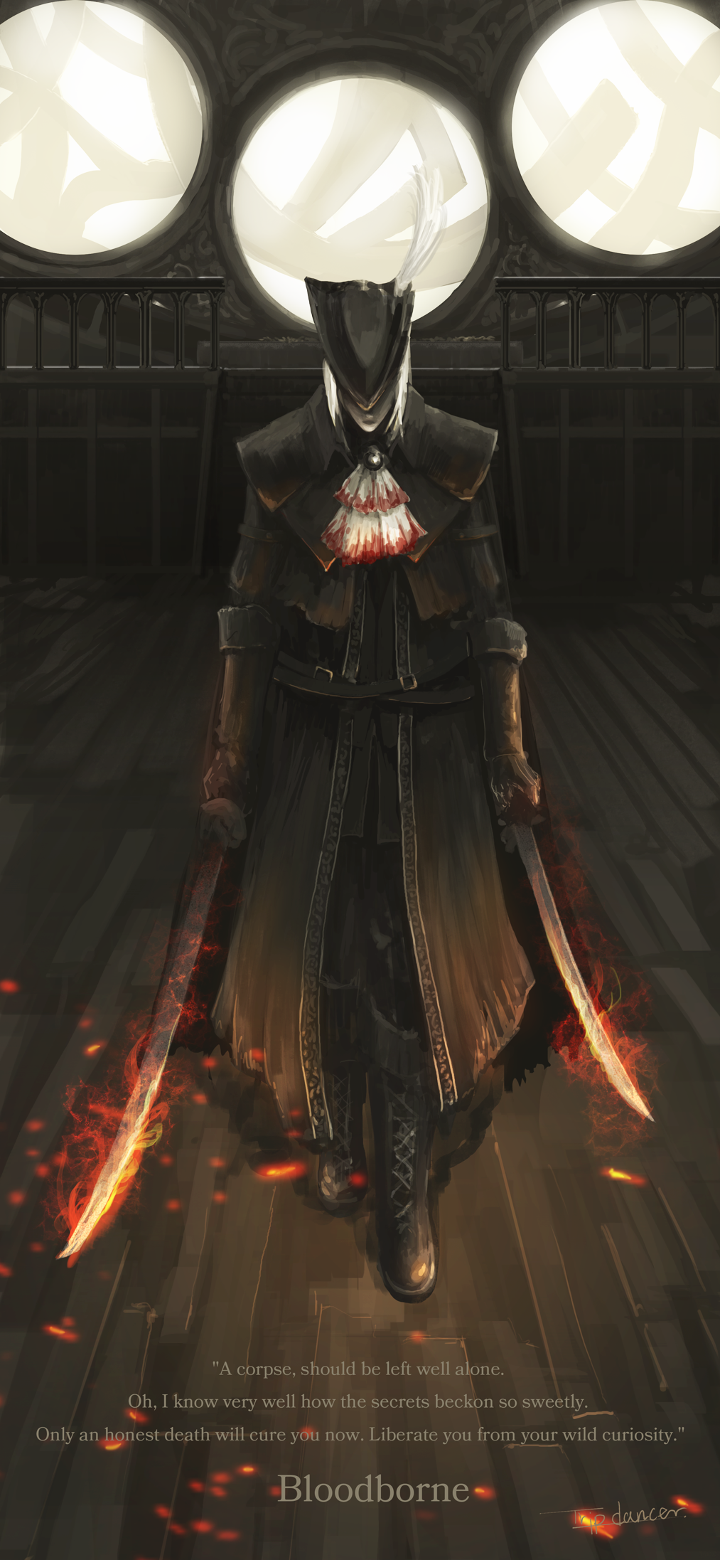 1girl ascot blood bloodborne boots coat copyright_name dual_wielding english_text flaming_sword flaming_weapon gloves hat hat_feather highres holding holding_sword holding_weapon indoors lady_maria_of_the_astral_clocktower rakuyo_(bloodborne) silver_hair solo sword the_old_hunters tricorne tripdancer weapon