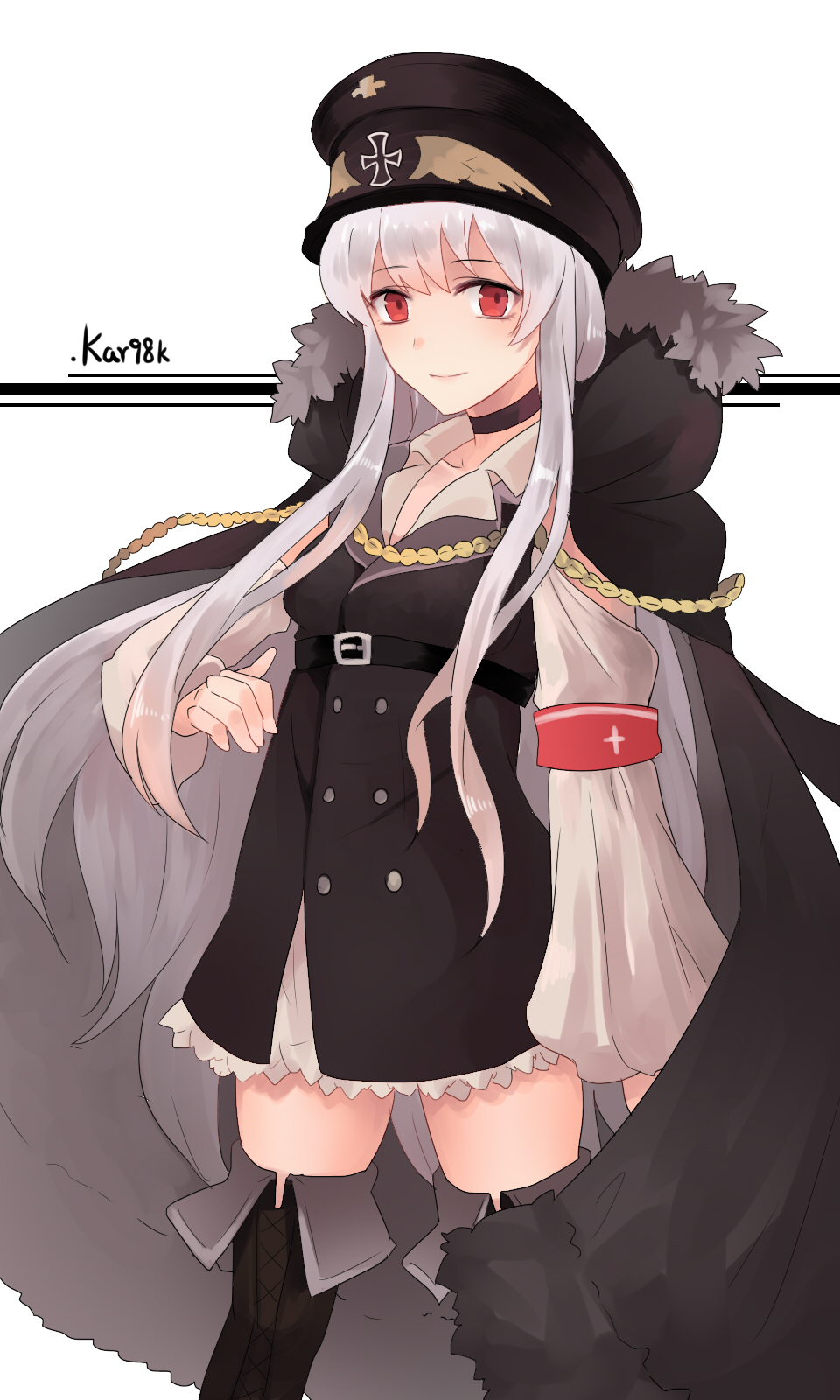 1girl belt black_choker black_footwear black_headwear black_jacket blush boots breasts character_name choker closed_mouth eyebrows_visible_through_hair feet_out_of_frame fur-trimmed_jacket fur_trim girls_frontline hat highres jacket jacket_on_shoulders kar98k_(girls'_frontline) lishu_jun long_hair looking_at_viewer military military_hat military_uniform red_eyes silver_hair simple_background solo standing thigh-highs thigh_boots uniform