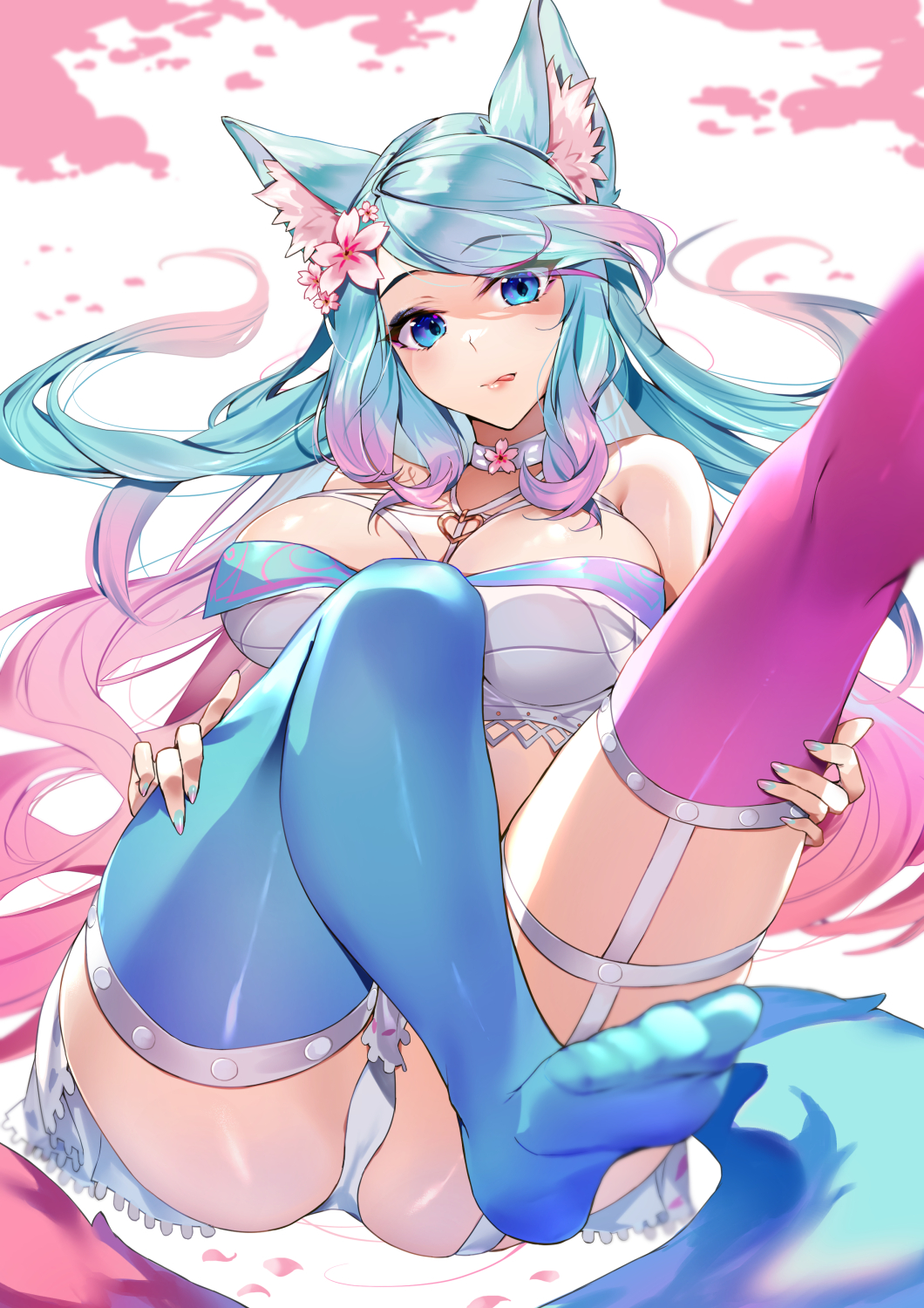 1girl animal_ear_fluff animal_ears asymmetrical_legwear bangs blue_eyes blue_hair blue_legwear breasts choker commentary_request commission crop_top eyebrows_visible_through_hair feet flower fox_ears fox_girl fox_tail gradient_hair hair_flower hair_ornament highres kasumi_komo large_breasts legs_up long_hair lying mismatched_legwear multicolored_hair no_shoes on_back panties pink_flower pink_hair purple_legwear silvervale skeb_commission solo swept_bangs tail thigh-highs tongue tongue_out underwear very_long_hair virtual_youtuber vshojo white_choker white_panties