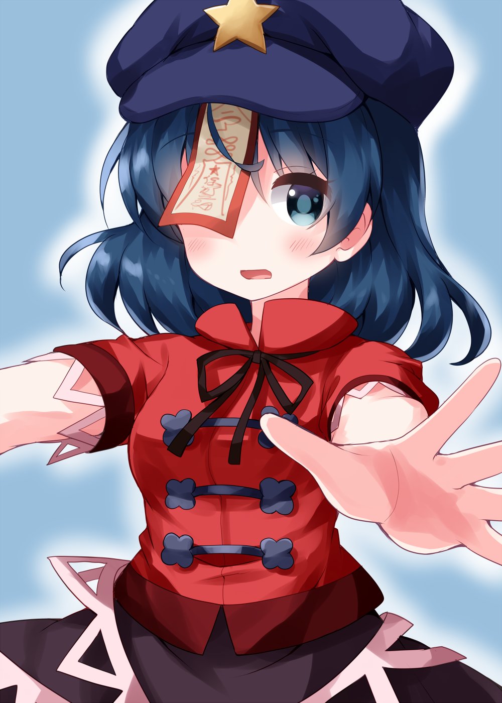 1girl arms_up bangs black_bow black_neckwear black_skirt blue_background blue_eyes blue_hair blue_headwear blush bow bowtie breasts eyebrows_visible_through_hair hair_between_eyes hands_up hat hat_ornament highres looking_away medium_breasts miyako_yoshika one-hour_drawing_challenge open_mouth paper red_shirt red_sleeves ruu_(tksymkw) shirt short_hair short_sleeves simple_background skirt solo star_(symbol) touhou