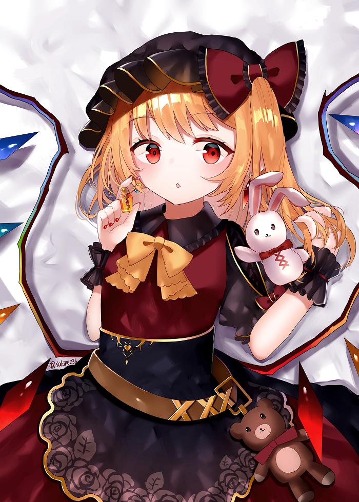 1girl alternate_costume bangs belt black_dress blonde_hair blush bow breasts brown_belt commentary_request crystal dress dress_bow earrings eyebrows_visible_through_hair flandre_scarlet frilled_bow frills hat hat_ribbon jewelry looking_at_viewer mob_cap open_mouth pointy_ears puffy_short_sleeves puffy_sleeves red_eyes red_nails red_ribbon ribbon sakizaki_saki-p short_sleeves side_ponytail simple_background skirt small_breasts solo stuffed_animal stuffed_bunny stuffed_toy teddy_bear touhou twitter_username white_background wings wrist_cuffs