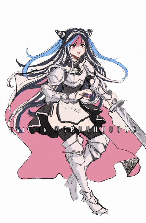 1girl :d alternate_costume alternate_universe armor armored_boots bangs black_hair blue_hair boots cape criis-chan danganronpa_(series) danganronpa_2:_goodbye_despair english_commentary eyebrows_visible_through_hair full_body gauntlets grey_background hair_horns long_hair mioda_ibuki multicolored_hair piercing pink_cape pink_eyes pink_hair simple_background sketch smile sword teeth twitter_username upper_teeth weapon white_hair