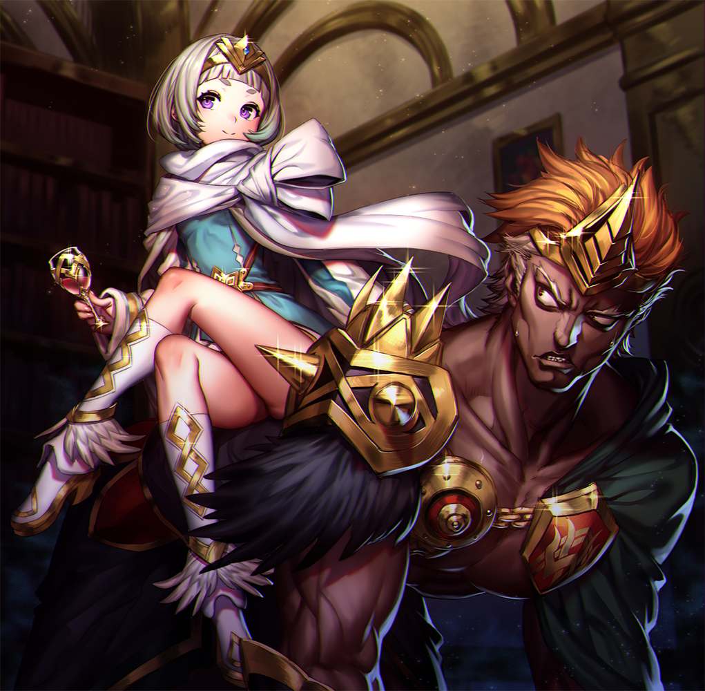 1boy 1girl alcohol armor ass bangs blue_dress cape clenched_teeth closed_mouth crossed_legs crown cup dark-skinned_male dark_skin dress drinking_glass eatora fire_emblem fire_emblem_heroes gold helbindi_(fire_emblem) holding holding_cup indoors legs multicolored_hair muscular muscular_male orange_hair short_hair shoulder_armor sitting sitting_on_person size_difference smile teeth tiara violet_eyes white_cape white_footwear white_hair wine wine_glass ylgr_(fire_emblem)