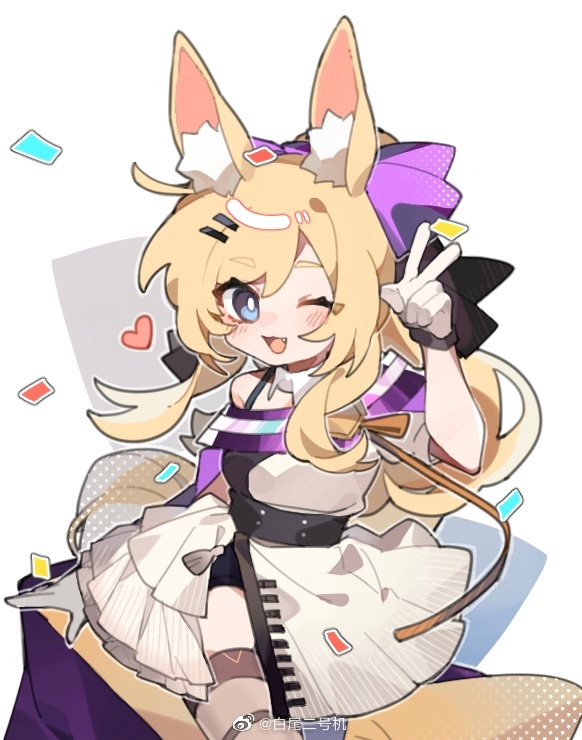 1girl :d animal_ear_fluff animal_ears arknights baiwei_er_hao_ji black_shorts blonde_hair blue_eyes blush bow chibi commentary dress fang hair_bow hair_ornament hairclip heart horse_ears horse_girl horse_tail long_hair off-shoulder_dress off_shoulder official_alternate_costume one_eye_closed open_mouth purple_bow shorts shorts_under_dress simple_background smile solo symbol-only_commentary tail thigh_strap v weibo_username whislash_(arknights) whislash_(glory_purple)_(arknights) white_background white_dress