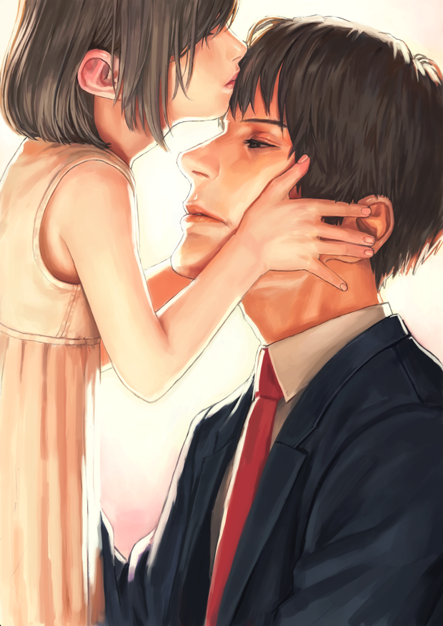 1boy 1girl age_difference black_hair blazer business_suit dress ears forehead_kiss formal jacket kiss lips necktie original red_neckwear shirt short_hair simple_background size_difference suiact suit