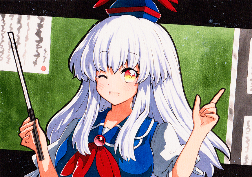 1girl bangs blue_headwear blush bow breasts collared_dress eyebrows_visible_through_hair hat holding holding_stick kamishirasawa_keine long_hair medium_breasts neckerchief one_eye_closed open_mouth puffy_short_sleeves puffy_sleeves qqqrinkappp red_bow red_eyes red_neckwear short_sleeves silver_hair skirt solo stick tokin_hat touhou traditional_media upper_body white_skirt