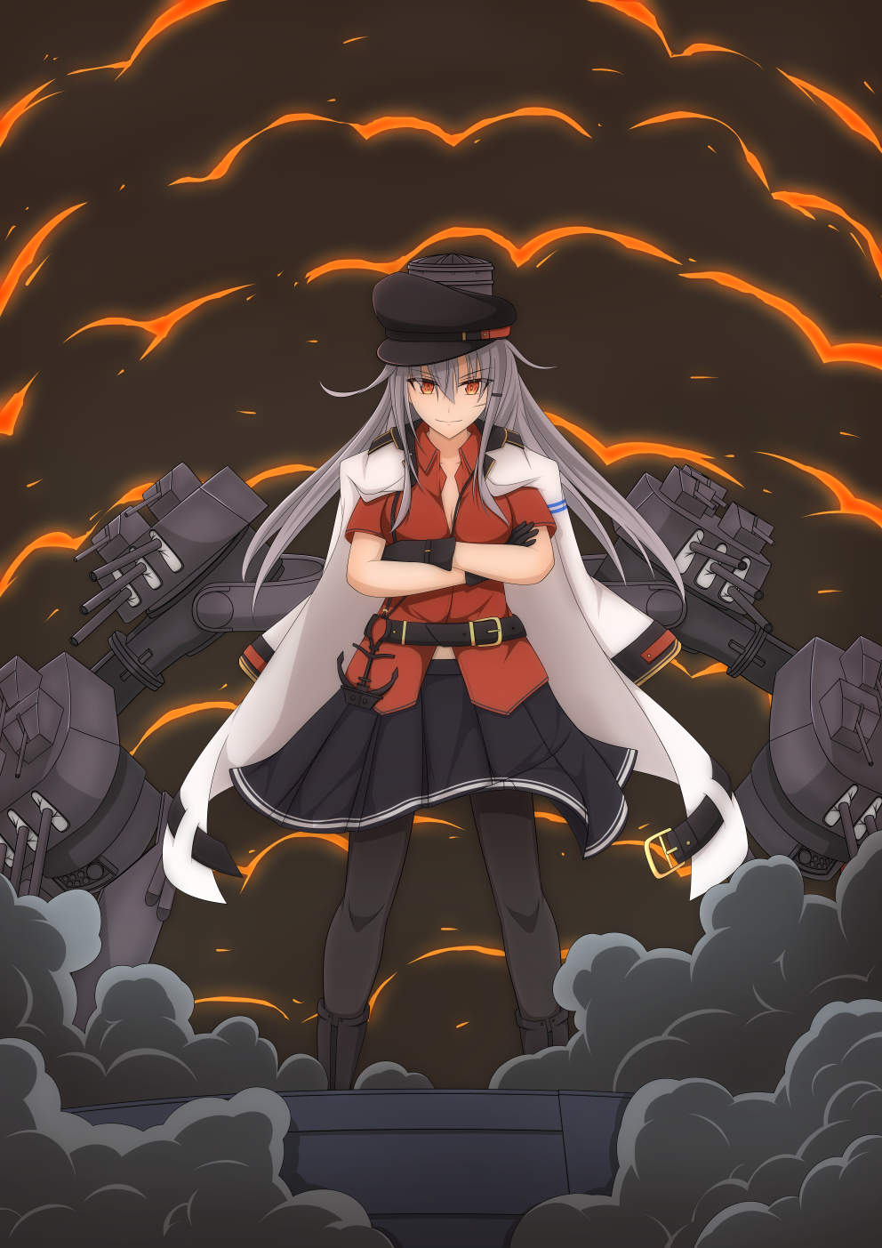 1girl bell_shireikan belt black_footwear black_gloves black_headwear black_legwear black_skirt boots cannon closed_mouth commentary_request eyebrows_visible_through_hair gangut_(kancolle) gloves grey_hair hair_between_eyes hat highres jacket kantai_collection long_hair machinery orange_eyes pantyhose partial_commentary peaked_cap red_shirt shirt skirt smile smoke smokestack solo turret white_jacket