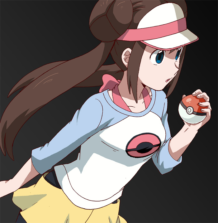 1girl bangs black_legwear blue_eyes bow breasts brown_hair commentary_request double_bun hand_up holding holding_poke_ball legwear_under_shorts long_hair pantyhose pink_bow poke_ball poke_ball_(basic) pokemon pokemon_(game) pokemon_bw2 raglan_sleeves rosa_(pokemon) shirt shorts solo toshiharu_(s_narutoshi) twintails visor_cap yellow_shorts