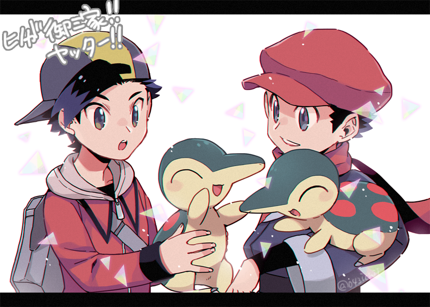 2boys :o backpack backwards_hat bag baseball_cap black_hair black_undershirt commentary_request ethan_(pokemon) floating_scarf grey_bag grey_eyes grey_jacket hat holding holding_pokemon jacket long_sleeves male_focus multiple_boys open_mouth pokemon pokemon_(creature) pokemon_(game) pokemon_hgss pokemon_legends:_arceus red_headwear red_jacket red_scarf rei_(pokemon) scarf short_hair smile teeth tongue translation_request upper_teeth xichii zipper_pull_tab