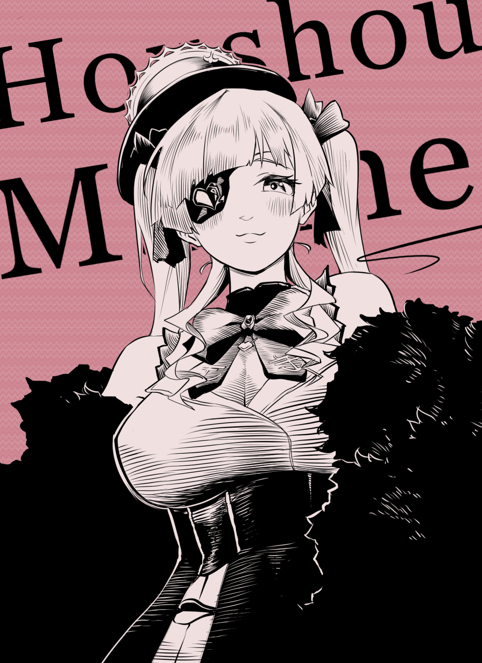1girl arahiko breasts character_name eyebrows_behind_hair eyelashes eyepatch greyscale hair_ribbon hat highres hololive houshou_marine large_breasts monochrome red_background ribbon smile solo top_hat twintails upper_body virtual_youtuber