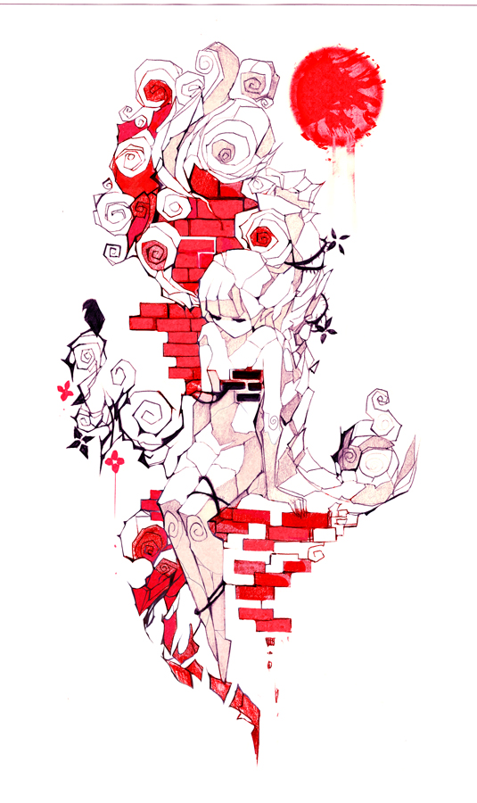 1girl bangs bird branch brick_wall closed_eyes colored_skin cracked_skin crow flower full_body nanomortis nude original red_flower simple_background sitting statue sun white_background white_flower white_hair white_skin