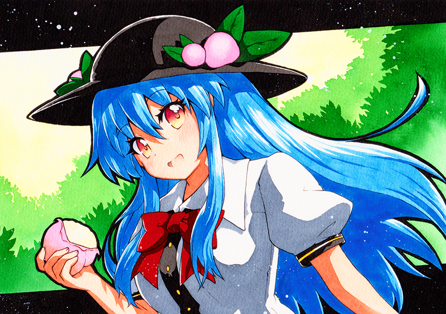 1girl apron black_headwear blouse blue_hair bow bowtie breasts buttons collared_shirt dress_shirt eyebrows_visible_through_hair food frills fruit green_background hat hinanawi_tenshi leaf long_hair looking_at_viewer medium_breasts neck_ribbon open_mouth peach puffy_short_sleeves puffy_sleeves qqqrinkappp red_bow red_eyes red_neckwear ribbon shirt short_sleeves solo touhou traditional_media upper_body white_shirt wing_collar