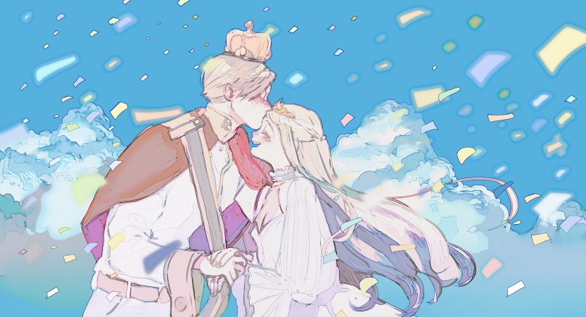 1boy 1girl :d blush closed_eyes clouds confetti forehead_kiss good_end hetero interlocked_fingers kayo_(46996116) kiss long_hair original platinum_blonde_hair prince princess short_hair sky smile