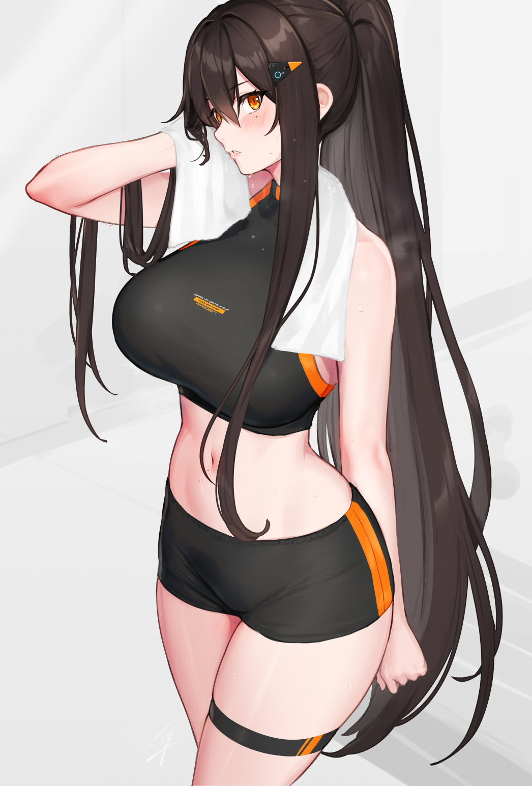 1girl arm_behind_back black_hair blush breasts breath cowboy_shot duplicate exercise from_side hair_ornament hair_over_shoulder hairclip hayabusa highres large_breasts long_hair midriff mole mole_under_eye navel orange_eyes original parted_lips pixel-perfect_duplicate ponytail short_shorts shorts skindentation solo sports_bra sportswear sweat thigh_strap tight towel towel_around_neck very_long_hair