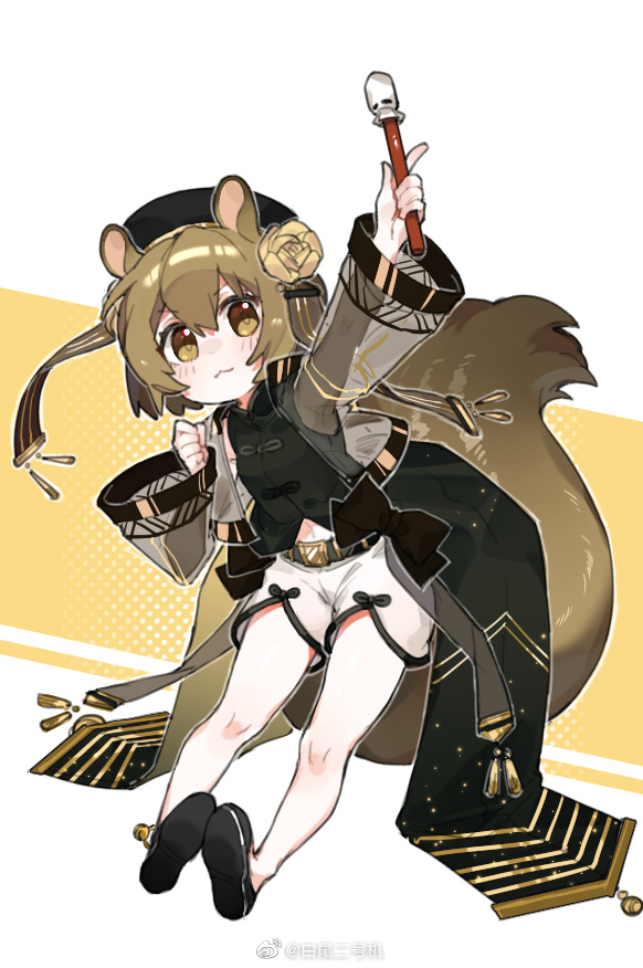 1girl :3 ambience_synesthesia animal_ears arknights baiwei_er_hao_ji baton belt beret black_belt black_footwear black_headwear black_shirt brown_eyes brown_hair chinese_clothes chinese_commentary commentary_request flower full_body hair_flower hair_ornament hat holding holding_instrument instrument light_blush looking_at_viewer official_alternate_costume shaw_(arknights) shirt short_hair shorts simple_background solo squirrel_ears squirrel_girl squirrel_tail tail two-tone_background white_background white_shorts yellow_background