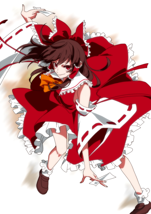 1girl ascot bangs bare_shoulders bow breasts brown_footwear brown_hair closed_mouth crop_top detached_sleeves eyebrows_visible_through_hair fingernails frilled_bow frilled_shirt_collar frills full_body hair_bow hair_tubes hakurei_reimu holding karasaki large_bow long_hair long_sleeves looking_at_viewer mary_janes medium_breasts medium_skirt navel red_bow red_eyes red_skirt ribbon-trimmed_sleeves ribbon_trim shoes sidelocks simple_background skirt smile socks solo touhou white_background white_legwear wide_sleeves yellow_neckwear