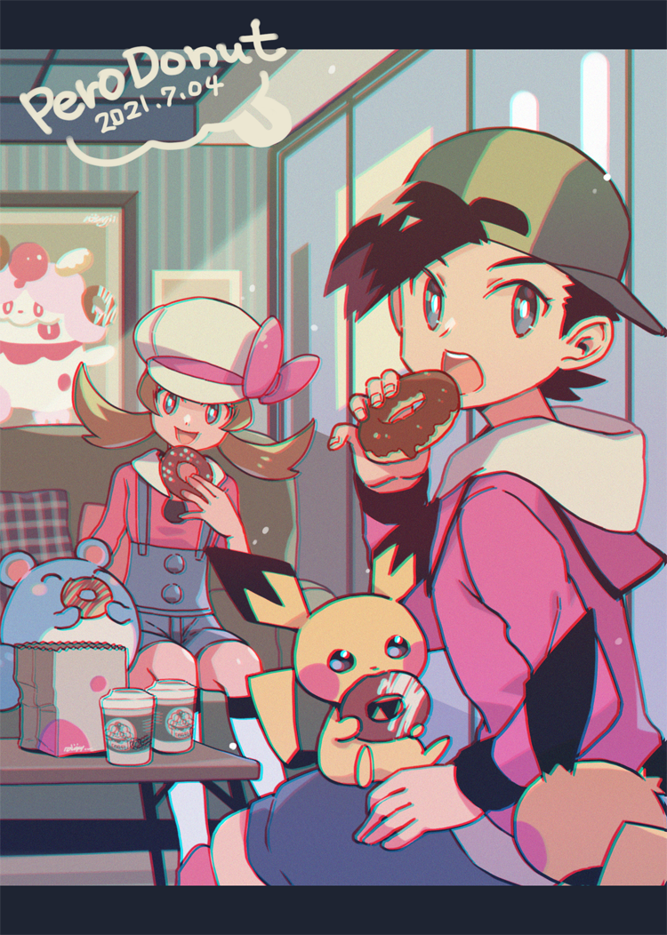 1boy 1girl backwards_hat bag baseball_cap character_print commentary_request cup cushion dated disposable_cup doughnut ethan_(pokemon) food hat hood hood_down indoors jacket lyra_(pokemon) marill open_mouth paper_bag pichu pokemon pokemon_(creature) pokemon_(game) pokemon_hgss short_hair shorts sitting slurpuff smile table teeth tongue upper_teeth xichii