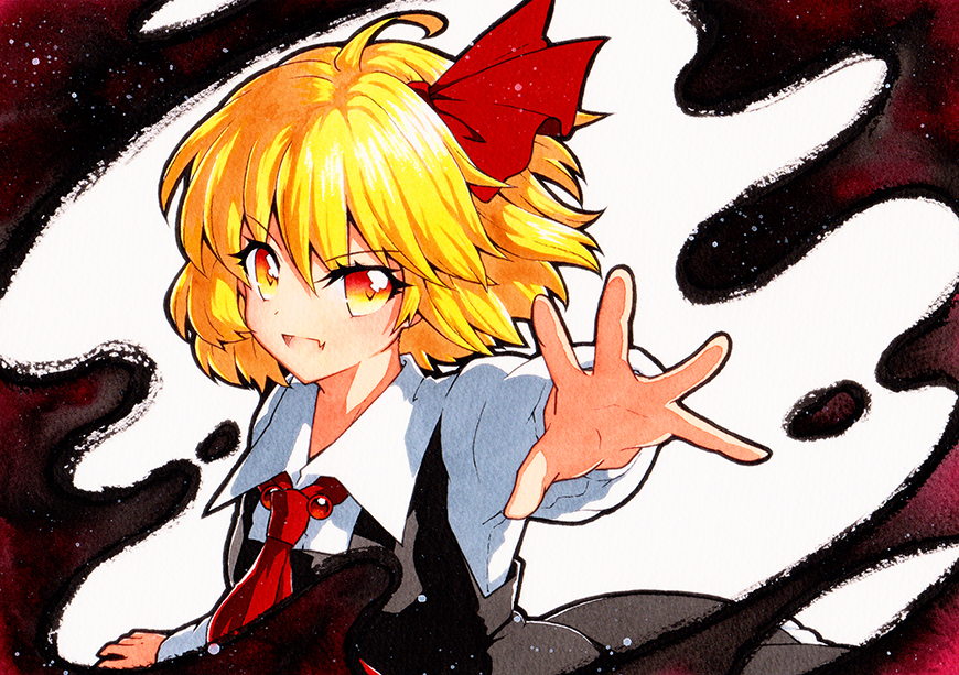 1girl :d ahoge ascot bangs black_skirt black_vest blonde_hair eyebrows_visible_through_hair fang gradient_eyes hair_ribbon long_sleeves looking_at_viewer multicolored multicolored_eyes open_mouth outstretched_arm outstretched_hand qqqrinkappp red_eyes red_neckwear red_ribbon ribbon rumia shirt short_hair skin_fang skirt smile solo touhou traditional_media upper_body v-shaped_eyebrows vest white_background white_shirt yellow_eyes