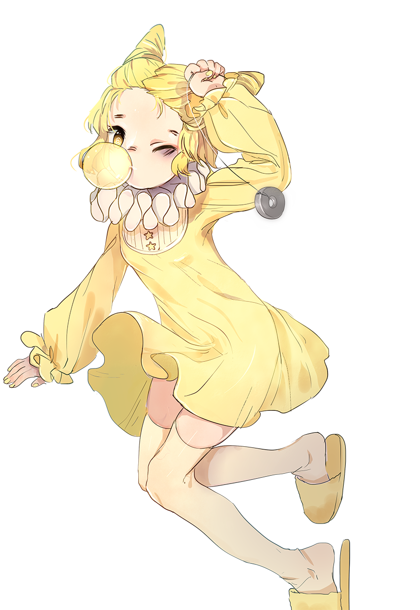 1girl animal_ears bags_under_eyes bbi blonde_hair bubble_blowing chewing_gum dress forehead frilled_dress frilled_shirt_collar frilled_sleeves frills hand_up highres hypno long_sleeves nail_polish neck_ruff one_eye_closed pajamas pendulum personification pokemon slippers star_(symbol) tapir_ears thigh-highs white_neckwear yellow_dress yellow_eyes yellow_footwear yellow_legwear yellow_nails