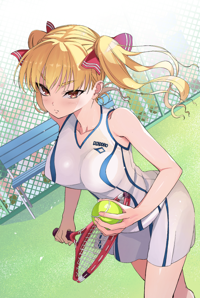 1girl ball blonde_hair breasts collarbone eyebrows_visible_through_hair holding holding_ball holding_racket hoshizora_kimika ishizaka_ryuudai kimika-san_no_sweets_match medium_breasts racket skirt sleeveless solo sportswear tennis_ball tennis_court tennis_racket tennis_uniform twintails