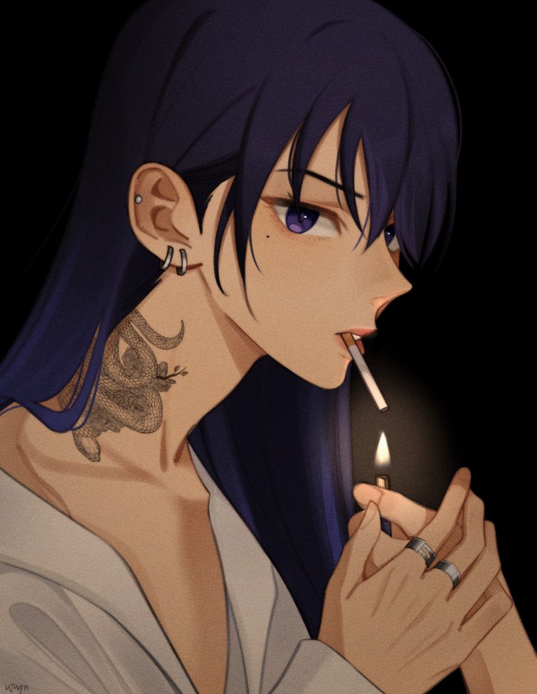 1girl cigarette collarbone earrings genshin_impact jewelry lighter long_hair looking_at_viewer mole mole_under_eye multiple_rings neck_tattoo raiden_shogun ring shirt simple_background tattoo ujugn white_shirt