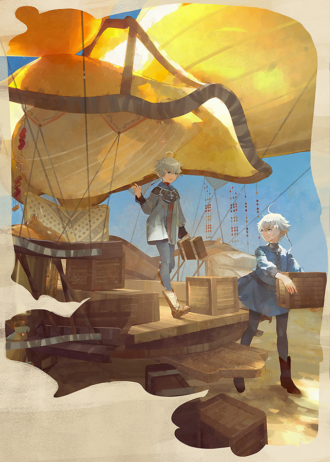 1boy 1girl ahoge alisaie_leveilleur alphinaud_leveilleur bangs crate day elezen elf final_fantasy final_fantasy_xiv long_hair looking_at_another outdoors pointy_ears siblings twins white_hair zxin