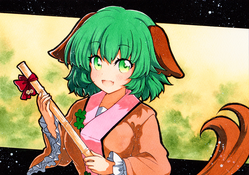 1girl animal_ears bamboo_broom blush breasts broom brown_jacket clover_print dog_ears dog_tail eyebrows_visible_through_hair fang green_background green_hair holding holding_broom jacket kasodani_kyouko long_sleeves looking_at_viewer medium_breasts open_mouth qqqrinkappp short_hair skin_fang solo tail touhou traditional_media upper_body wide_sleeves