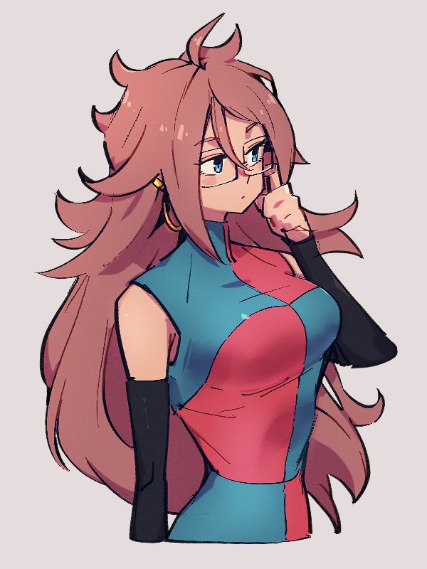 1girl android_21 blue_eyes breasts checkered checkered_dress closed_mouth dragon_ball dragon_ball_fighterz dress earrings glasses grey_background hair_between_eyes hoop_earrings jewelry kemachiku long_hair looking_away medium_breasts redhead simple_background solo upper_body