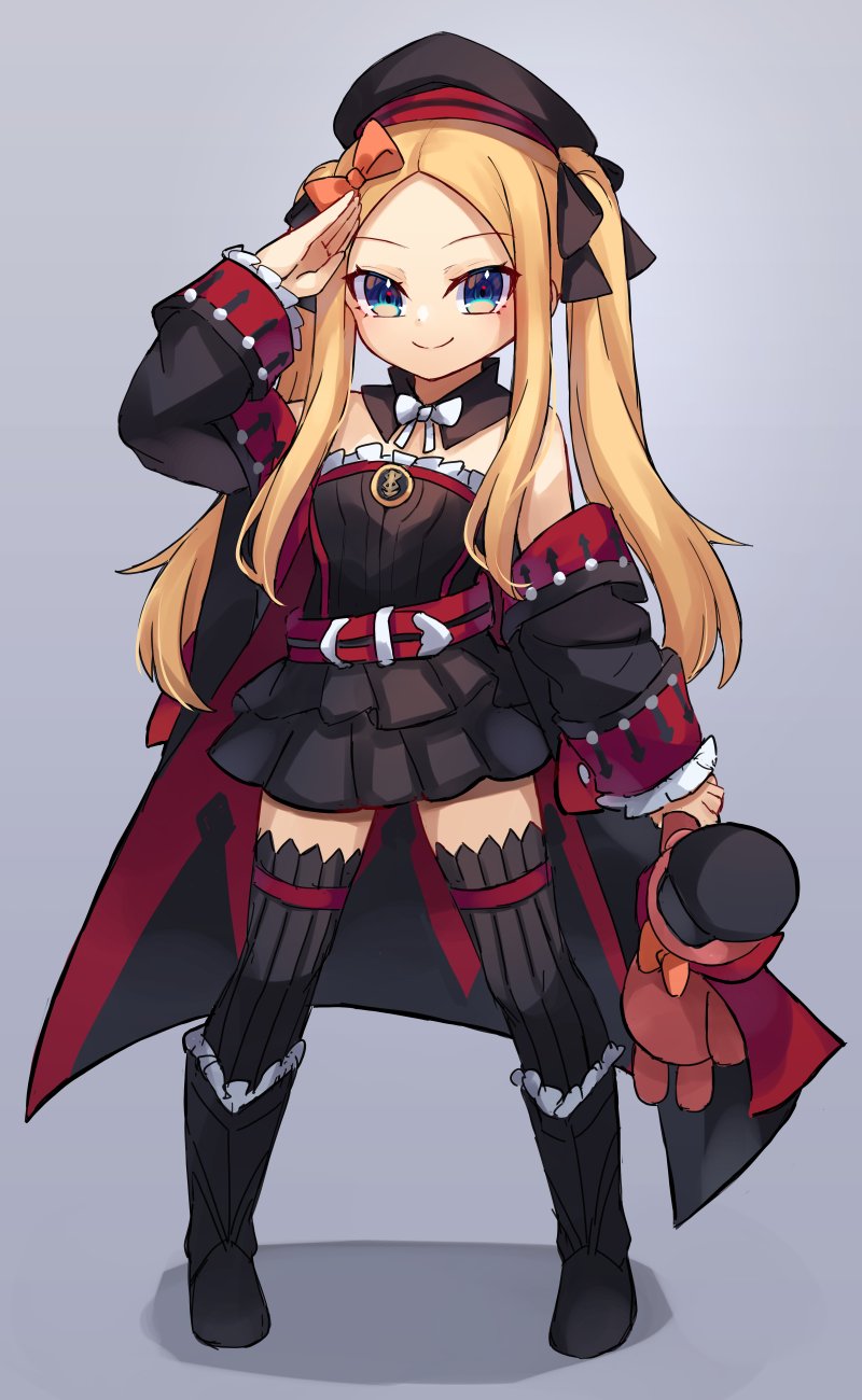 1girl abigail_williams_(fate) bangs bare_shoulders black_dress black_legwear blonde_hair blue_eyes blush breasts cosplay detached_collar dress fate/grand_order fate_(series) forehead full_body helena_blavatsky_(fate) helena_blavatsky_(fate)_(cosplay) highres long_hair long_sleeves looking_at_viewer miya_(miyaruta) parted_bangs short_dress small_breasts smile stuffed_animal stuffed_toy teddy_bear thigh-highs thighs