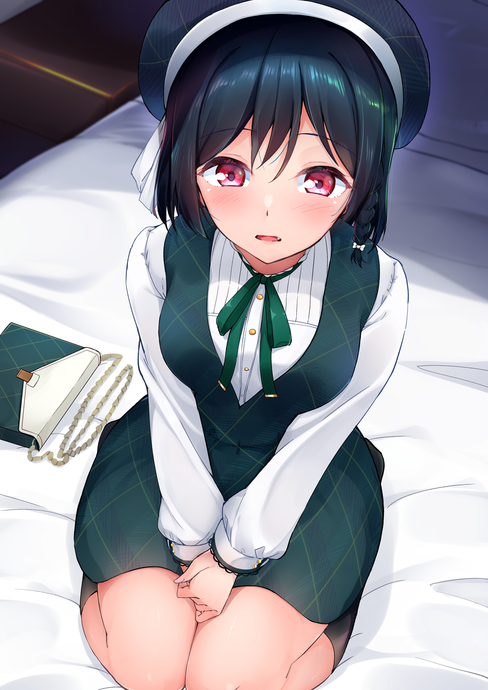 1girl bangs beret blush dark_green_hair fang full_body green_vest hair_between_eyes hat highres long_sleeves looking_at_viewer love_live! love_live!_school_idol_festival_all_stars mifune_shioriko miniskirt neck_ribbon on_bed parisnoko red_eyes ribbon seiza shirt short_hair sitting skirt solo swept_bangs v_arms vest white_shirt