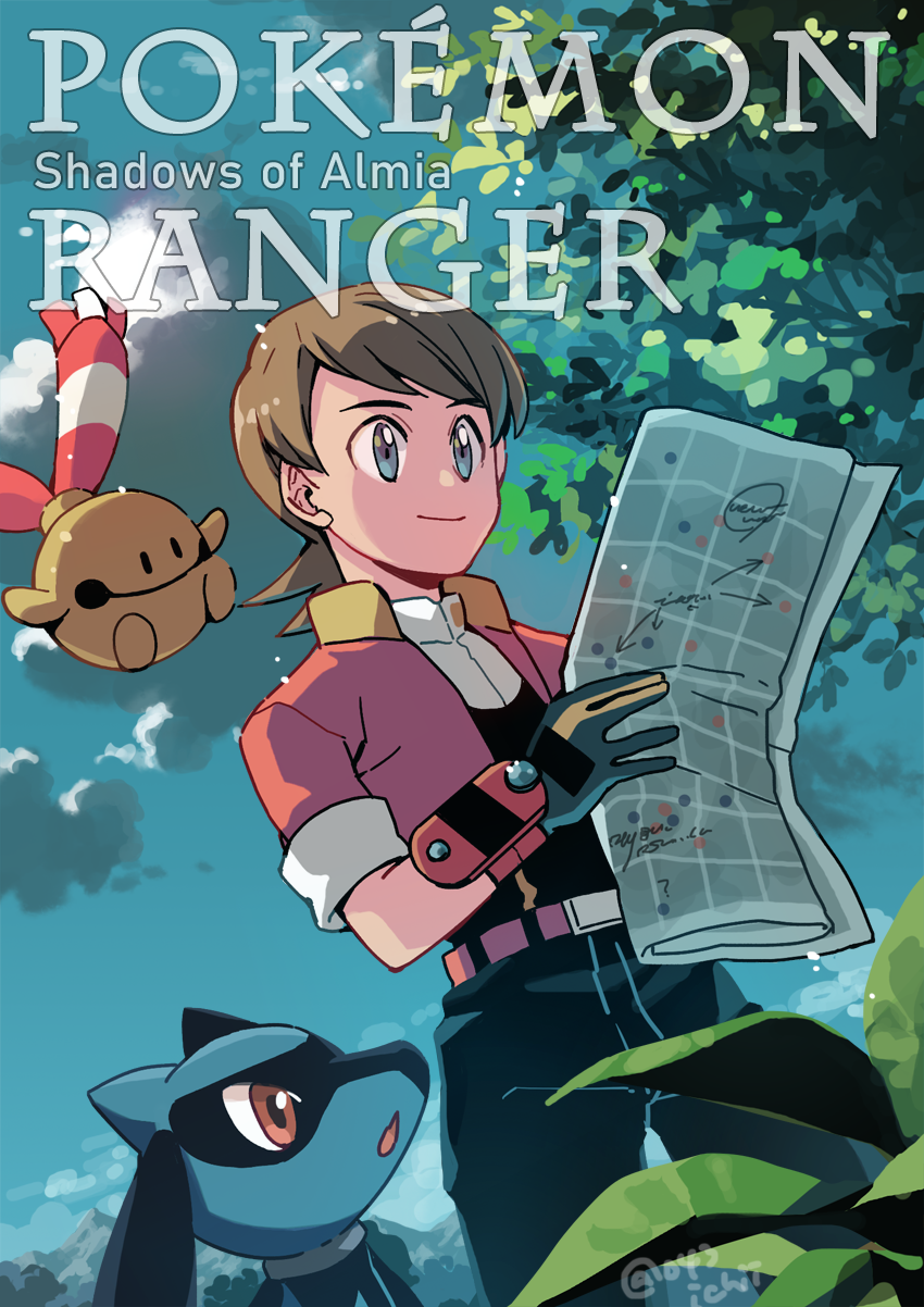 1boy arrow_(symbol) bangs belt belt_buckle blue_eyes brown_hair buckle chingling closed_mouth clouds commentary_request copyright_name cropped_jacket day gloves highres holding holding_map jacket kellyn_(pokemon) male_focus map medium_hair outdoors pants pokemon pokemon_(creature) pokemon_ranger pokemon_ranger_2 riolu shirt sky smile xichii