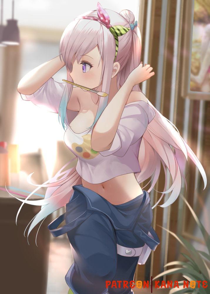 1girl airani_iofifteen arms_up artist_name backlighting blue_hair blush bow breasts ceiling_light feet_out_of_frame gradient_hair hair_bow hololive indoors kananote long_hair looking_away looking_to_the_side medium_breasts mouth_hold multicolored_hair navel off-shoulder_shirt off_shoulder overalls overalls_pull paintbrush pink_hair polka_dot ponytail print_shirt profile shirt sidelocks solo striped thigh_pouch thigh_strap violet_eyes virtual_youtuber white_shirt