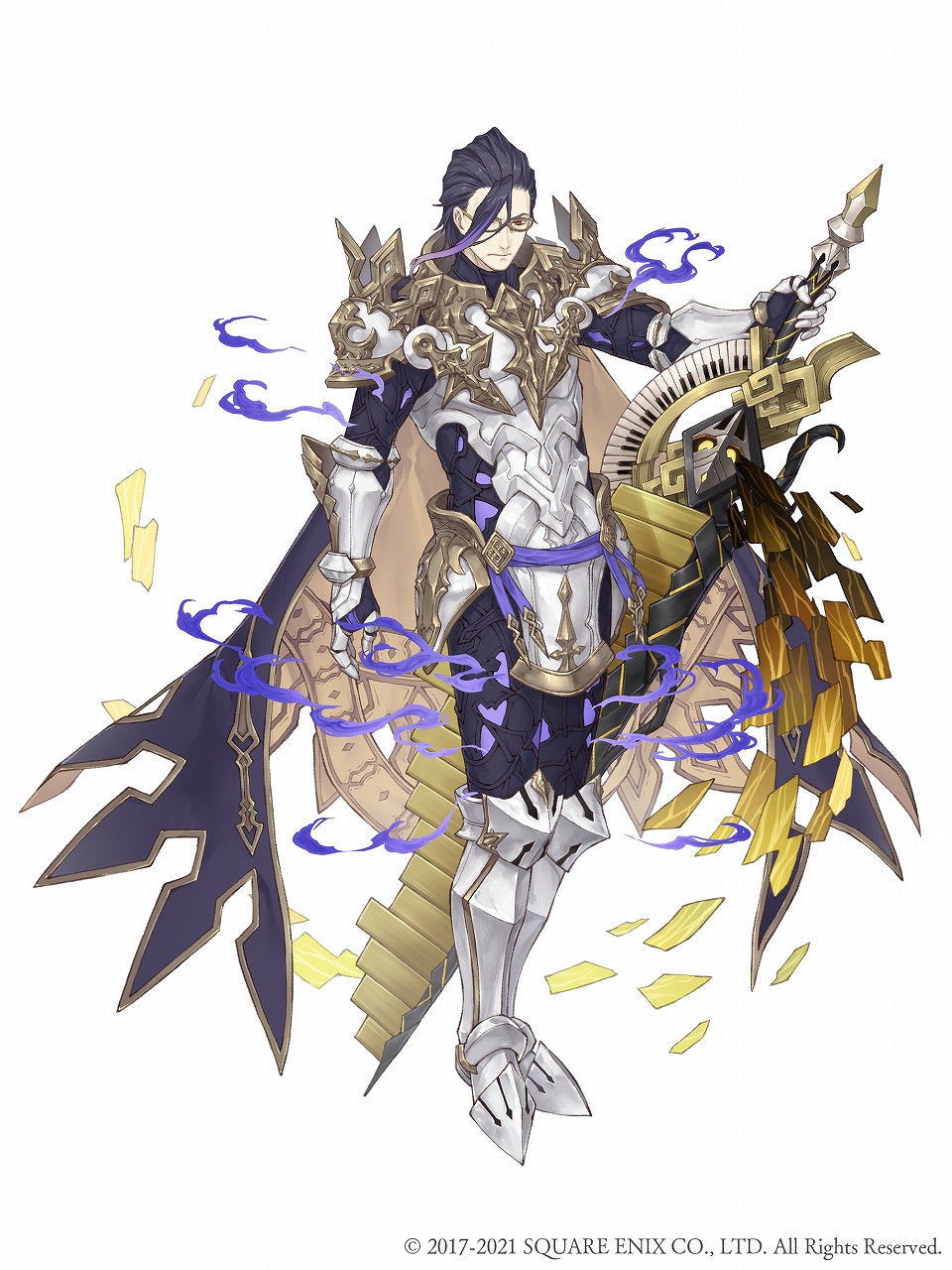 1boy armor armored_boots boots breastplate cape faulds full_body gauntlets glasses gold_trim hair_over_one_eye hameln_(sinoalice) highres holding holding_sword holding_weapon ji_no knight looking_at_viewer official_art piano_keys plate_armor purple_hair red_eyes shoulder_armor sinoalice solo square_enix sword weapon white_background
