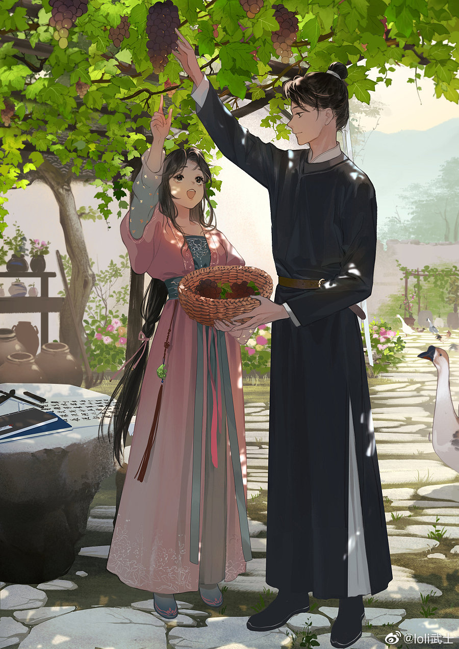 1boy bangs basket bird book changpao chinese_clothes couple dress duck flower food from_side fruit full_body grapes hanfu highres jade_pendant jar light_rays loli_bushi long_hair long_sleeves looking_up open_mouth original outdoors pink_dress profile smile standing sunbeam sunlight tassel