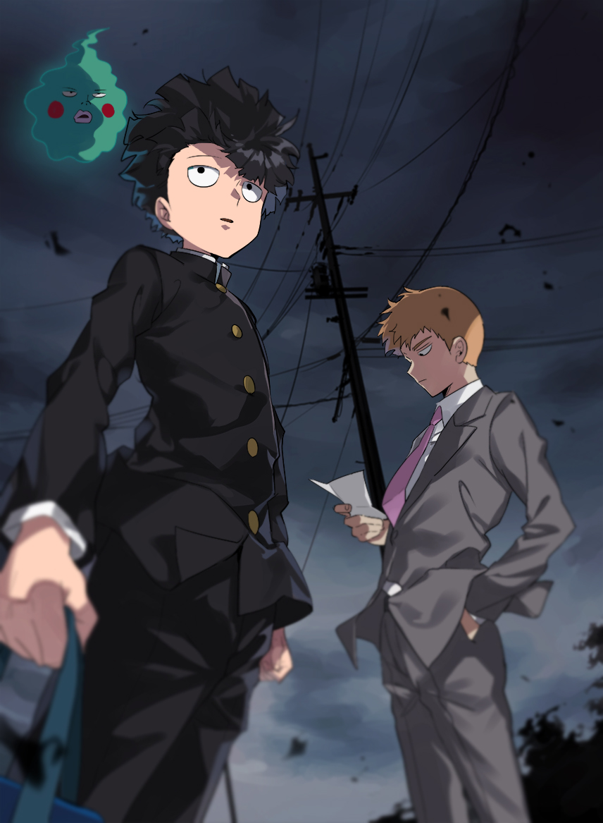 2boys bangs black_eyes black_hair black_pants blonde_hair blunt_bangs bowl_cut clouds collared_shirt ekubo_(mob_psycho_100) esper formal gakuran ghost jacket jinno_(megacake) kageyama_shigeo long_sleeves mob_psycho_100 multiple_boys necktie outdoors pants pink_neckwear pocket psychic reigen_arataka school_uniform shirt shoes short_hair storm_cloud suit white_shirt wire