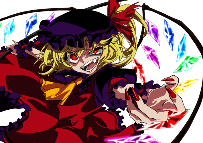 1girl adapted_costume ascot bangs crazy_eyes crystal english_text eyebrows_visible_through_hair fangs fingernails flandre_scarlet frilled_shirt_collar frilled_sleeves frills halloween hat hat_ribbon karasaki laevatein_(touhou) lower_teeth mob_cap multicolored multicolored_wings nail_polish open_mouth puffy_short_sleeves puffy_sleeves red_eyes red_nails red_ribbon ribbon sharp_fingernails sharp_teeth short_hair_with_long_locks short_sleeves side_ponytail simple_background slit_pupils solo teeth touhou uneven_eyes upper_body white_background wings wrist_cuffs yellow_eyes yellow_neckwear